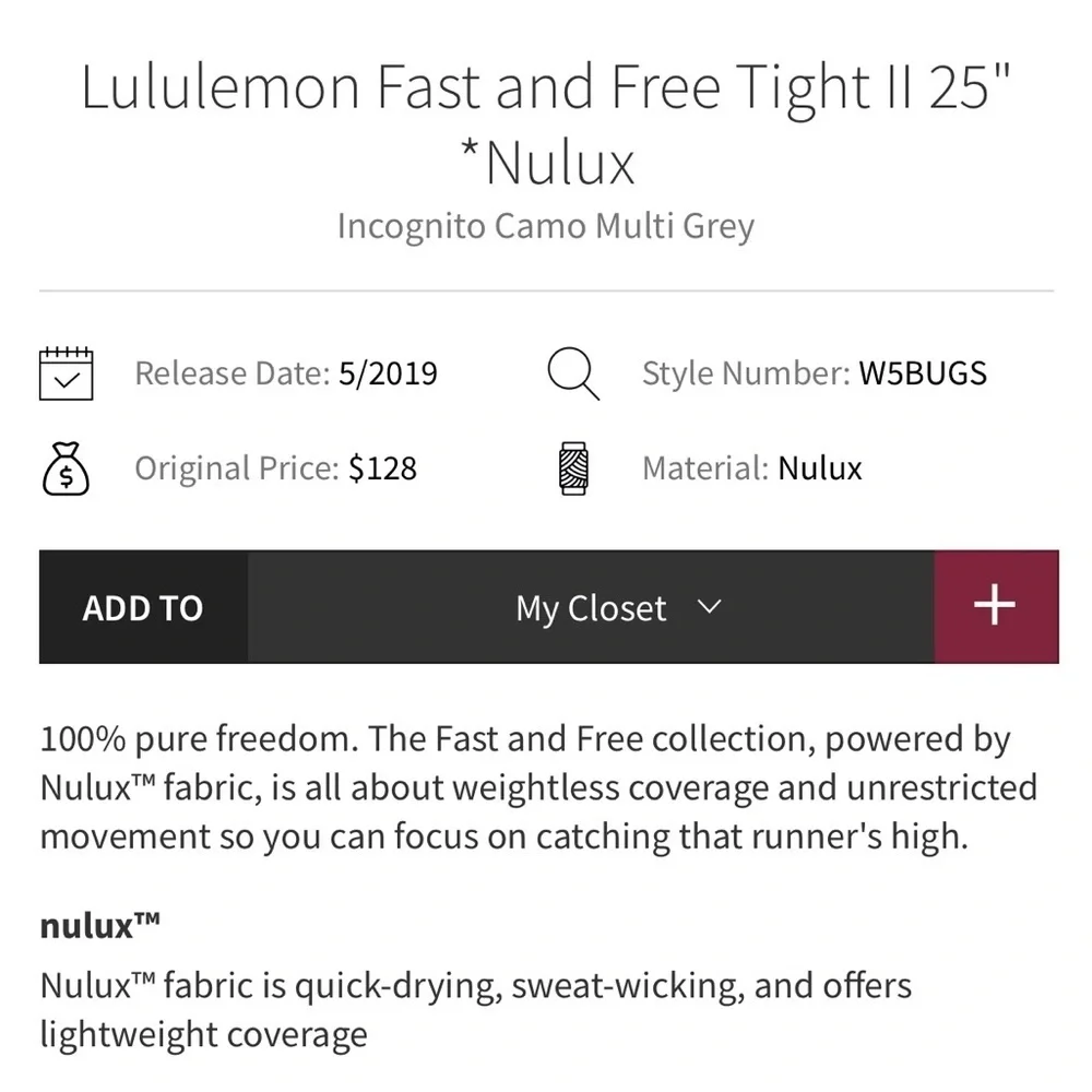 lululemon Fast and Free Tight II 25” Nulux Dark Camo Leggings size 6 - Picture 6 of 6